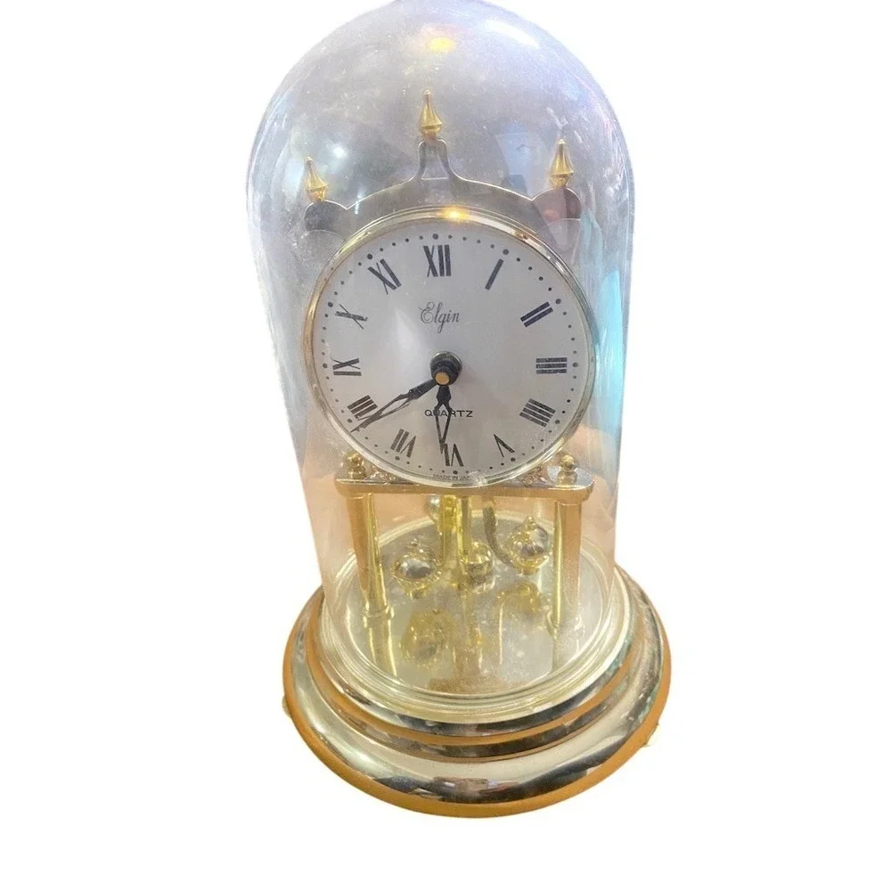 Elgin Quartz Anniversary‎ Torsion Dome Clock Gold Rotating Pendulum Roman